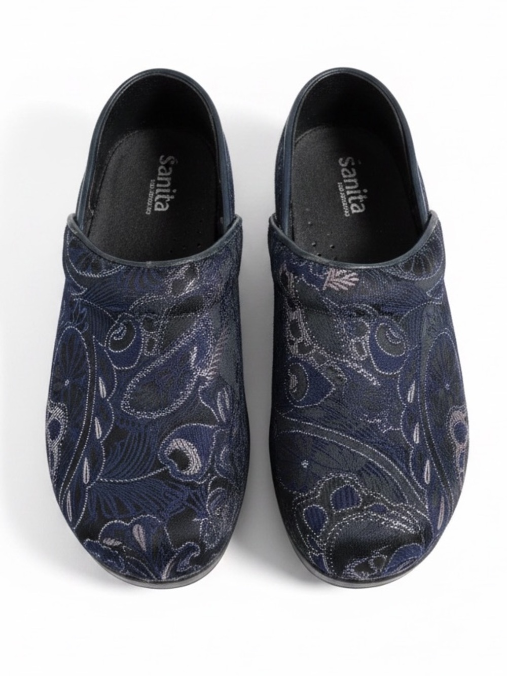 Sanita Floral Brocade Clogs Blue Black Danish Slip On Comfort EU 38 (US 7.5-8)